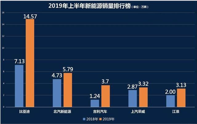 2019年上半年國(guó)內(nèi)市場(chǎng)新能源汽車銷售排行，前5名都是自主品牌