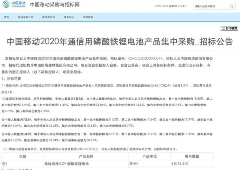 中國移動招標信息來源：中國移動官網