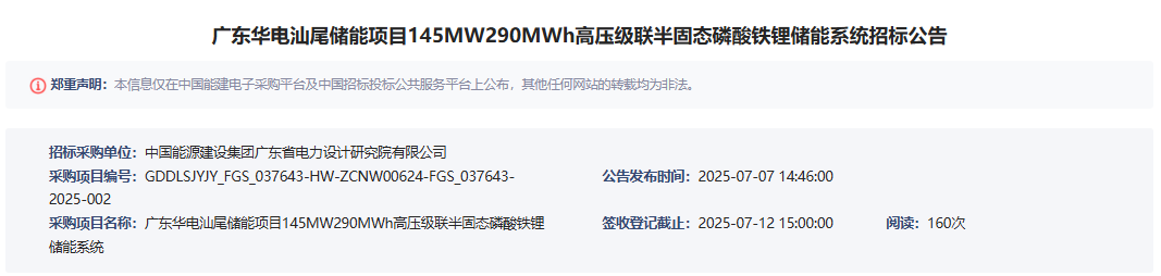 廣東華電汕尾儲能項目145MW290MWh高壓級聯半固態磷酸鐵鋰儲能系統 廣東華電汕尾儲能項目145MW290MWh高壓級聯半固態磷酸鐵鋰儲能系統