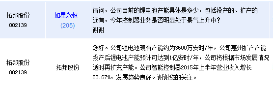 拓邦股份：鋰電池產能可達1億安時/年
