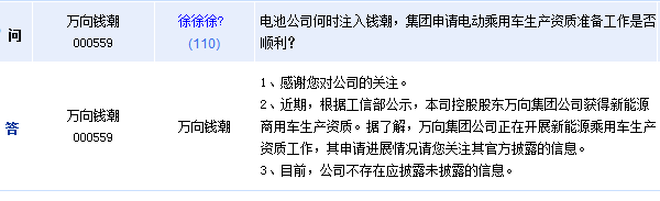 萬向錢潮：股東獲得新能源乘用車生產資質