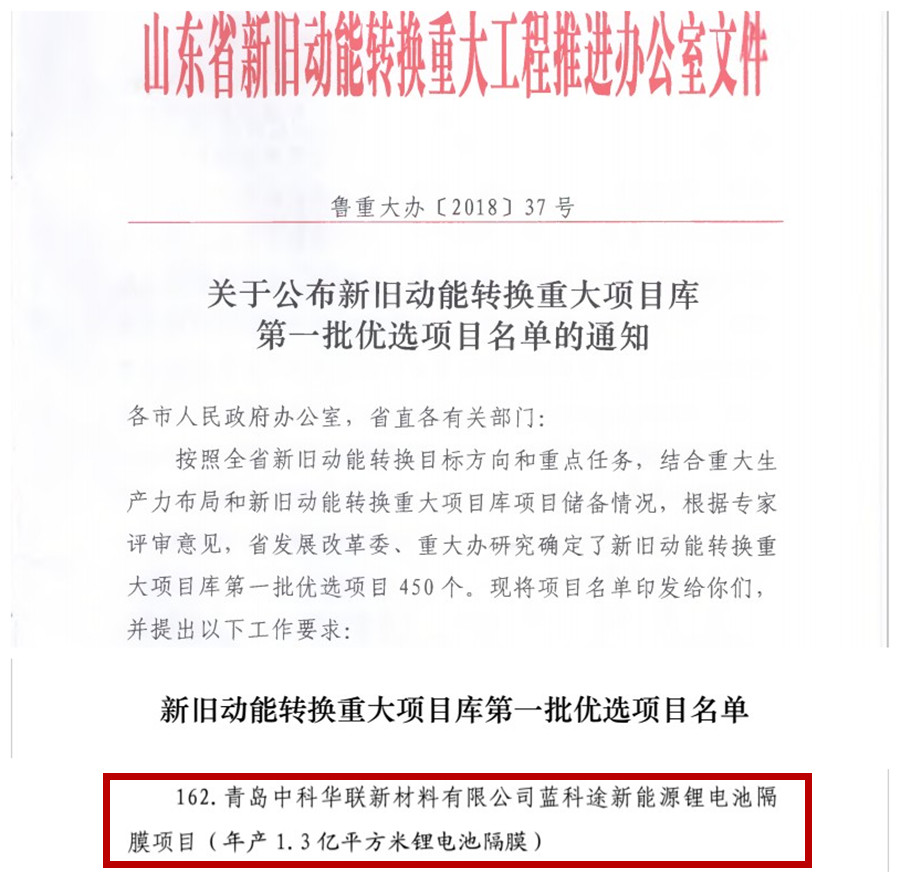 藍科途新能源鋰電池隔膜項目納入山東省新舊動能轉(zhuǎn)換重大項目庫