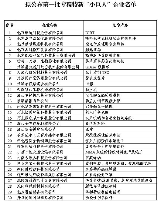 第一批專精特新“小巨人”企業(yè)名單公示
