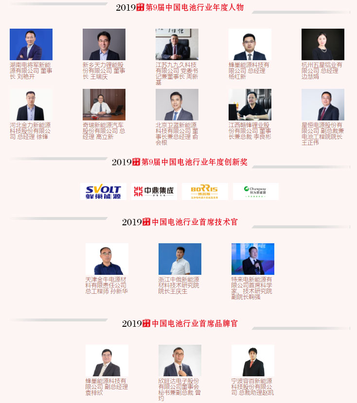 第9屆（2019年）中國電池行業(yè)年度人物/年度創(chuàng)新獎/首席技術官/首席品牌官名單揭曉