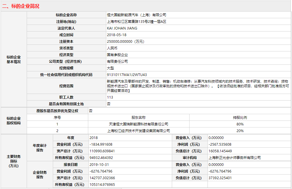 恒大國能新能源汽車（上海）有限公司20%股權