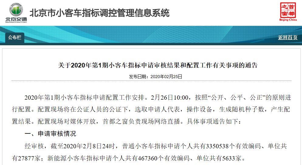 北京2020年第1期小客車指標(biāo)搖號
