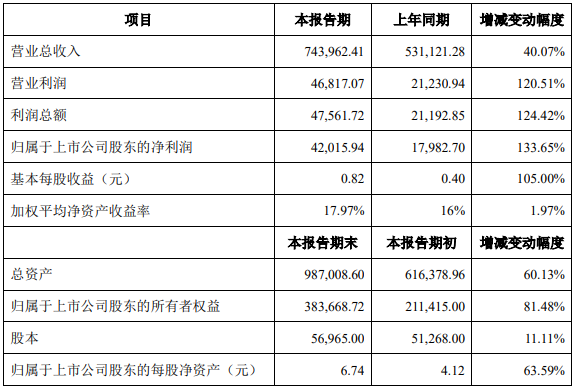 中偉股份2020年度主要財務數據和指標（單位：人民幣萬元）