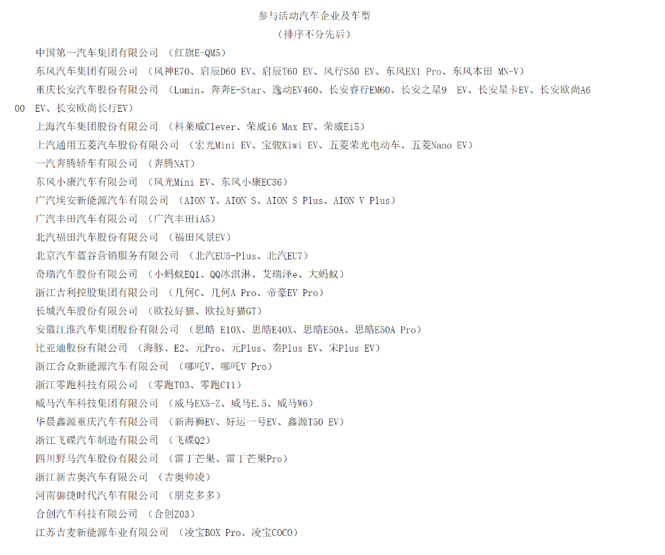 參與2022年新能源汽車下鄉(xiāng)活動(dòng)的車企及車型，圖片來源：工信部官網(wǎng)