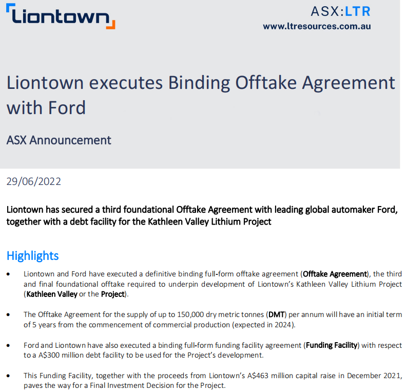 Liontown與福特簽署鋰礦供應協議