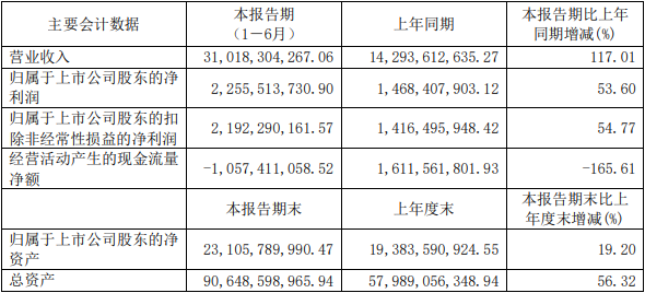 華友鈷業上半年主要會計數據和財務指標（單位：元）