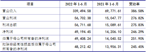 萬潤新能2022年上半年主要財務數據（單位：萬元）
