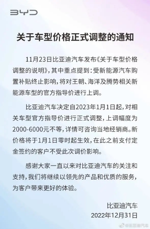 比亞迪上調(diào)相關新能源車型官方指導價 調(diào)幅為2000-6000元