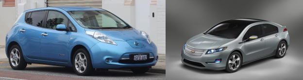 圖片：第一代純電汽車，如日產(chǎn)聆風（左）和雪佛蘭volt（右）