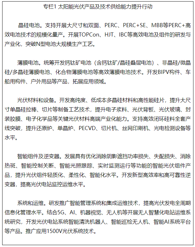 專欄1 太陽(yáng)能光伏產(chǎn)品及技術(shù)供給能力提升行動(dòng)