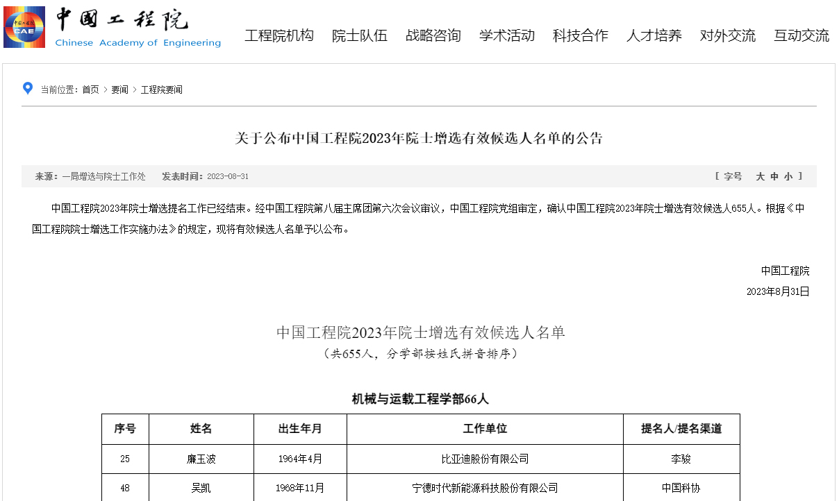 中國工程院機械與運載工程學部院士增選有效候選人名單