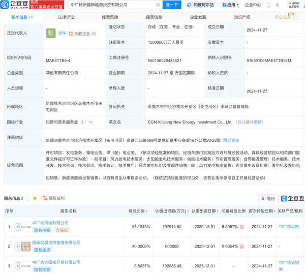 注冊資本150億！中廣核新疆新能源投資公司成立