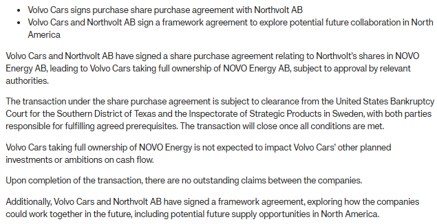 沃爾沃汽車將收購(gòu)Northvolt在NOVO Energy中50%的股份